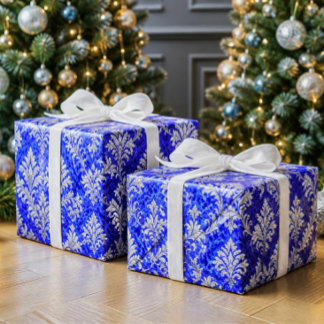 Königsblau-weißer viktorianischer Damast-Weihnacht Geschenkpapier