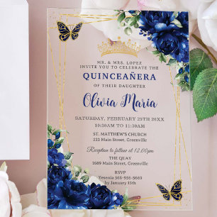 Königsblaue Blumen Florale Quinceañera Schmetterli Acryleinladungen