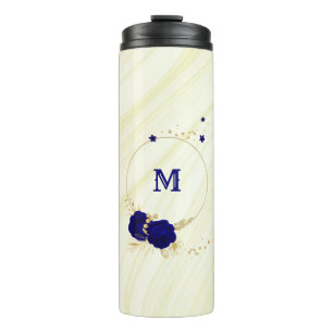 königsblaue Blumen goldene Blätter Marmor Thermosbecher