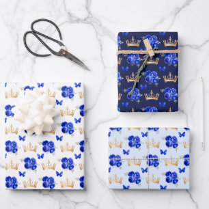 Königsblaue Blumen und goldene Kronen Geschenkpapier Set