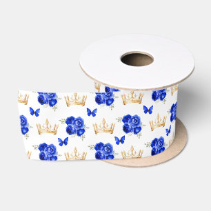 Königsblaue Blumen und goldene Kronen Satinband