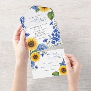 Königsblaue florale Sonnenblumen Moderne Hochzeit All In One Einladung