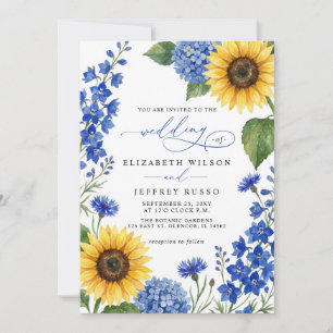 Königsblaue florale Sonnenblumen Moderne Hochzeit Einladung