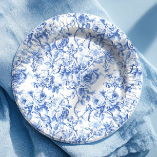Königsblaue französische Toile-Rosen Blumen-Papier Pappteller