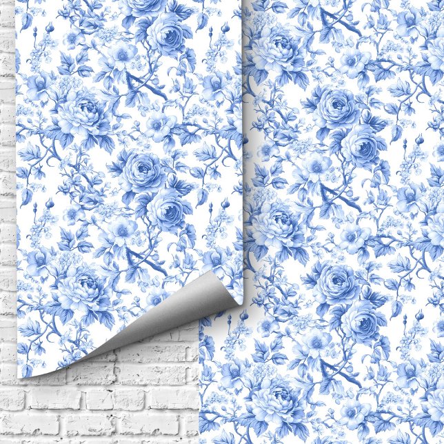 Königsblaue französische Toile-Rosen Blumen Tapete (Royal Blue French Toile Roses Floral Wallpaper Design)