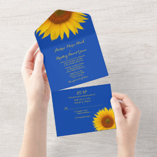 Königsblaue Gelbe Sonnenblumen-Hochzeits-RSVP All In One Einladung