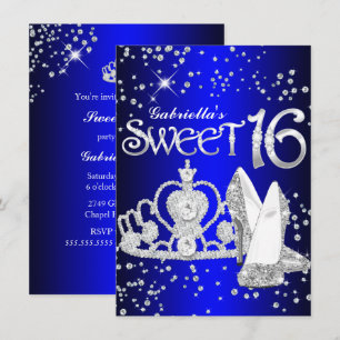 Königsblaue Glitter-Tiara und -Absätze Sweet 16 Ei Einladung