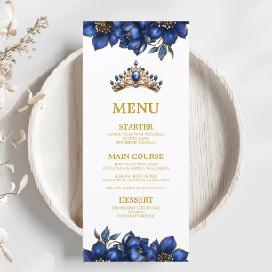 Königsblaue goldene Tiara Floral Quinceañera Menükarte