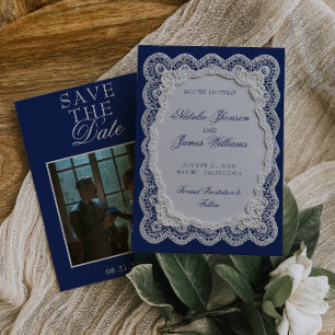 Königsblaue Häkelspitze Old Money Foto-Hochzeit Save The Date