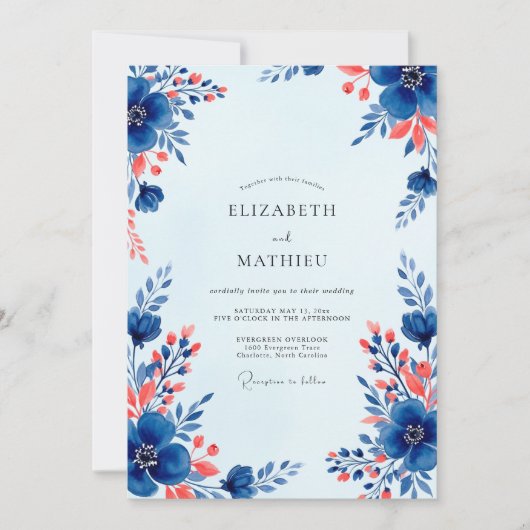 Königsblaue lebendige Blumenhochzeit Einladung (Vorderseite)