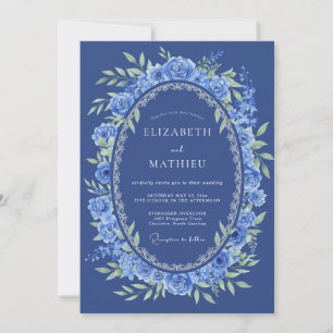 Königsblaue romantische Blumenhochzeit Einladung