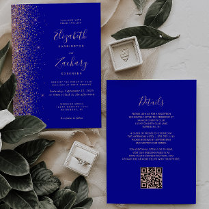 Königsblaue Rose Gold Glitter QR Code Hochzeit Einladung