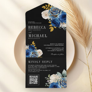 Königsblaue Rosen Floral QR Code Schwarze Hochzeit All In One Einladung