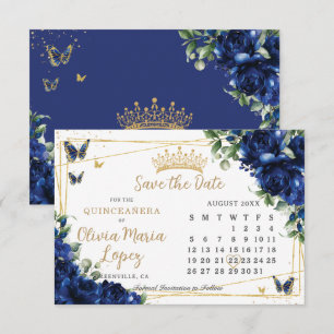 Königsblaue Rosen Florale Goldene Quinceañera-Kale Save The Date