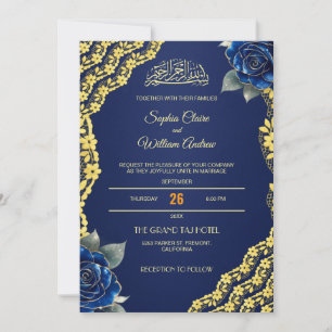 Königsblaue Rosen Goldene Spitze QR-Code Hochzeit Einladung
