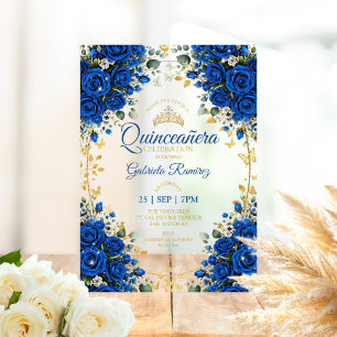 Königsblaue Rosen Quinceañera Goldene Schmetterlin Acryleinladungen