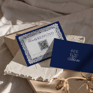 Königsblaue Spitze-Doily-Old-Money-QR-Code-Hochzei RSVP Karte