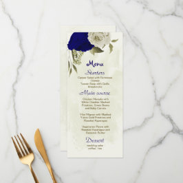 königsblaue und beige Blume botanische Hochzeit Menükarte