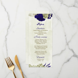 königsblaue und beige Blume botanische Hochzeit Menükarte