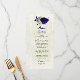 königsblaue und beige Blume botanische Hochzeit Menükarte