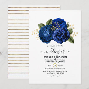 Königsblaue und falsche goldene Blumenhochzeit Einladung