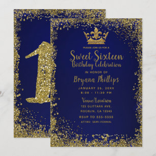 Königsblaue und goldene Glitterkrone Süße 16 Party Einladung