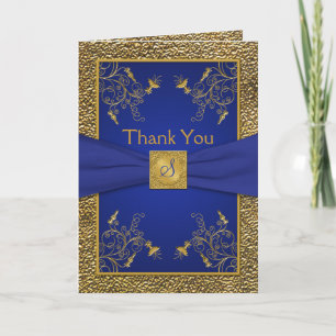 Königsblaue und goldene monogrammierte Dankeskarte