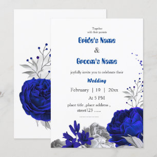 Königsblaue und silberne Blume botanische Hochzeit Einladung