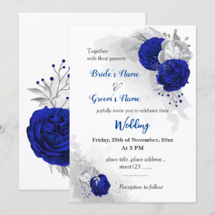 Königsblaue und silberne Blume botanische Hochzeit Einladung