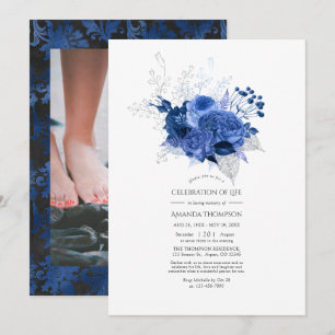 Königsblaue und silberne florale Feier des Lebens Einladung