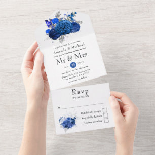 Königsblaue und silberne florale Hochzeit All In One Einladung