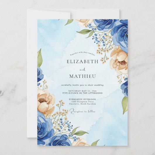 Königsblaue Wasserfarben-Hochzeit Einladung (Vorderseite)
