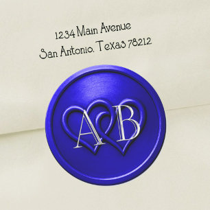 Königsblaue Zwei-Herzen-Silber-Monogramm-Hochzeit Runder Aufkleber