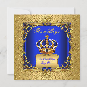 Königsblauer Damast Goldene Krone Baby Shower Jung Einladung
