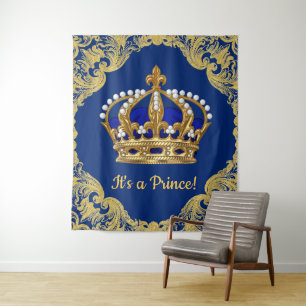 Königsblauer Gold Prinz Krone Baby Shower Hintergr Wandteppich