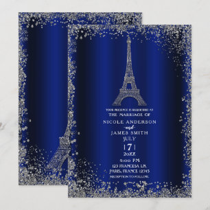 Königsblauer Silber Glitter Eiffelturm Hochzeit Einladung