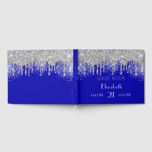 Königsblauer Silberblauer Glitzer Monogramm Gästebuch (Voll)