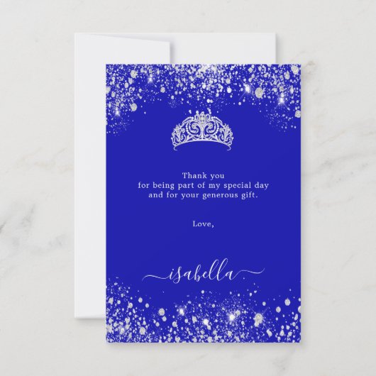 Königsblauer Silberblauer Glitzer Tiara Dankeskarte (Rückseite)