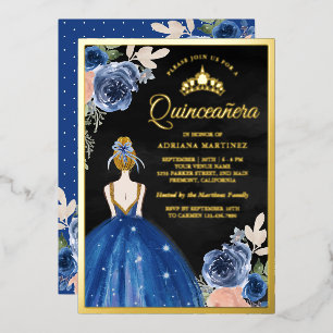 Königsblaues Blumenkleid Schwarz Quinceanera Gold Folieneinladung