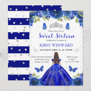 Königsblaues Kleid Brünette Prinzessin Sweet 16 Einladung