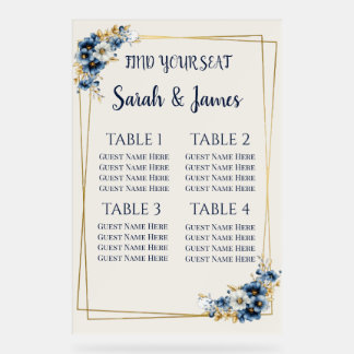 Königsblaues und goldenes florales Hochzeitssitzpl Acrylschild