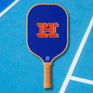 Königsblaues und Oranges Hochschulfarben-Monogramm Pickleball Schläger