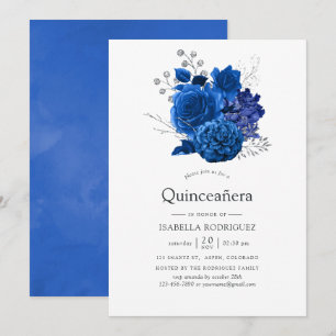 Königsblaues und silbernes florales Quinceañera Einladung