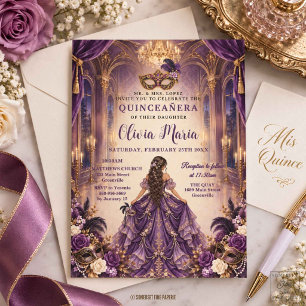 Königslila Pflaumen-Blumen-Masquerade-Quinceañera Einladung