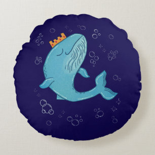 Königswal mit Krone Whimsical Ocean Folk Art Rundes Kissen
