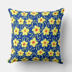 Konkurrierende Blume - Gelb und Rot auf Navy Blue Kissen