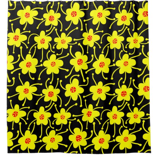 Konkurrierende Blume - Gelb und Rot auf Schwarz Duschvorhang (Vorderseite)