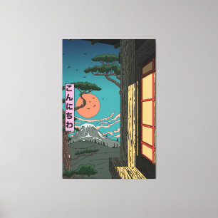 Konnichiwa Japanischer Sonnenuntergang Leinwanddruck