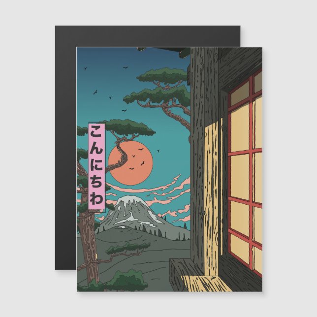 Konnichiwa Japanischer Sunset Magnetkarte (Vorne/Hinten)