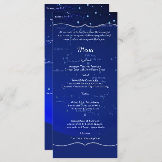 Konstellationen auf der "Blue Wedding Menu" Menükarte (Vorne/Hinten)